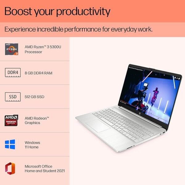 HP Laptop 15s, AMD Ryzen 3 5300U, 15.6-inch (39.6 cm), FHD, 8GB DDR4, 512GB SSD, AMD Radeon Graphics, Thin & Light, Dual Speakers (Win 11, MSO 2019, Silver, 1.69 kg), eq2143AU - Image 2